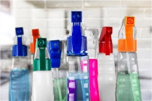 Chemical cleaning supplies on blurred background