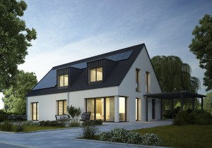 Modern house with metal roof and solar panels in the evening